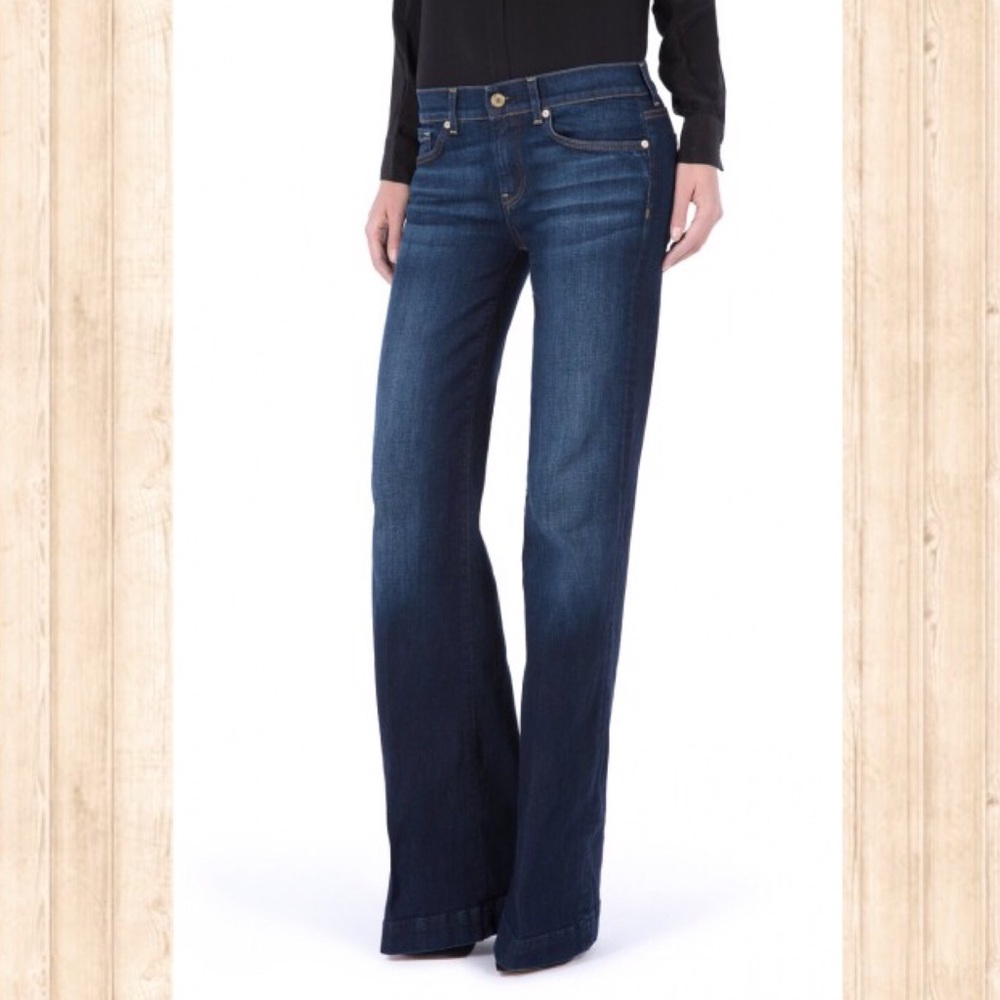 7FAM Dojo style dark wash wide leg flare jeans